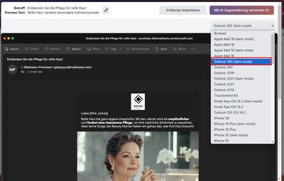 Darstellung einer E-Mail im Dark Mode auf Desktop.